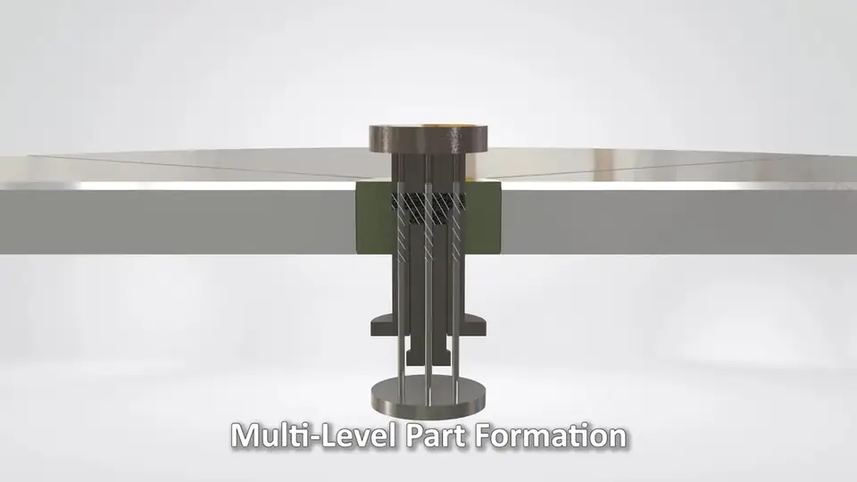 Multi-level tooling with split punches and three core rods forming a stepped part