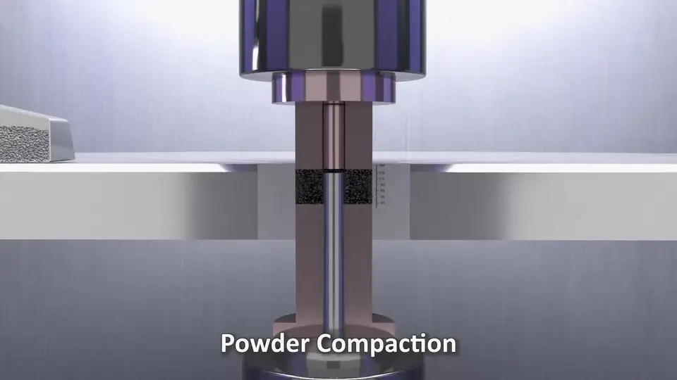 Cross-section of upper and lower punches compacting metal powder in a die