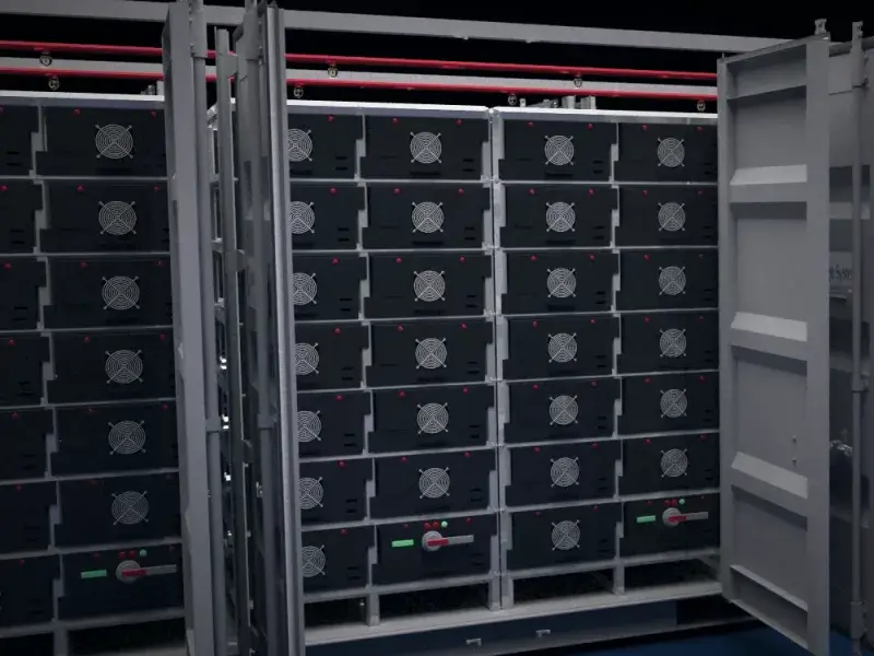 3D animation of battery racks inside an open BESS container