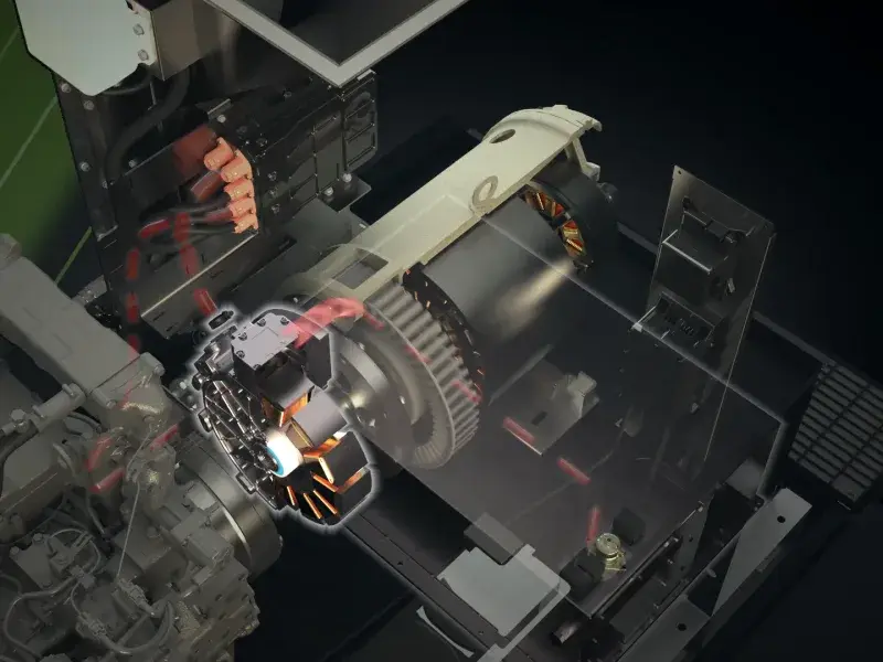 See-through 3D animation of a hybrid generator's clutch and motor