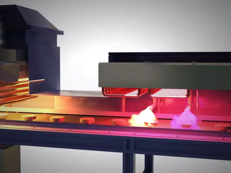 3D animation of parts moving through a sintering furnace